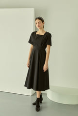 Linen Midi Dress with Square Neckline and Cinched Waist for Classic Feminine Silhouette