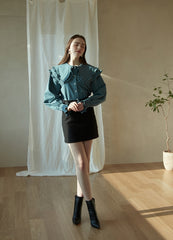 Cotton Poplin Blouse with Ruffled Peter Pan Collar and Smocked Cuffs – Women's Button-Up Shirt