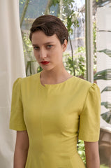 Linen Short Sleeve Midi Dress with Structured Waist and Flared Hem