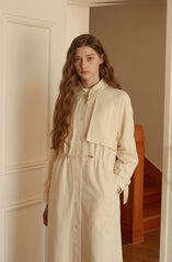 Women's Linen Midi Shirt Dress with Drawstring Waist, Button Front, and Capelet Detail