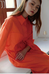 Linen Shirt Midi Dress with Belted Waist and Long Cuffed Sleeves