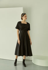 Linen Midi Dress with Square Neckline and Cinched Waist for Classic Feminine Silhouette