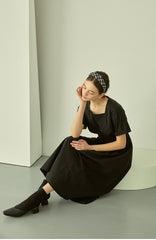 Linen Midi Dress with Square Neckline and Cinched Waist for Classic Feminine Silhouette