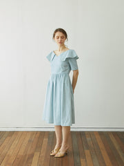 Linen Dress with Sculptural Folded Collar and Fitted Waist for Effortless Romantic Daywear