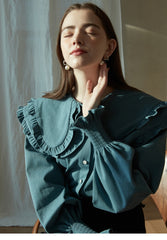 Cotton Poplin Blouse with Ruffled Peter Pan Collar and Smocked Cuffs – Women's Button-Up Shirt