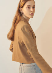 Tailored Linen Blazer with Cropped Fit, Notched Lapel, and Two-Button Front Closure