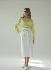 High-Waisted Linen Midi Skirt with Side Slits and Tie Belt – Button-Detail Wrap Design