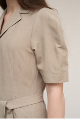 Women's Beige Linen Midi Shirt Dress – Short Sleeve Button Front Dress with Waist Belt