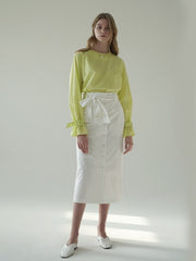 High-Waisted Linen Midi Skirt with Side Slits and Tie Belt – Button-Detail Wrap Design