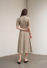 Women's Beige Linen Midi Shirt Dress – Short Sleeve Button Front Dress with Waist Belt