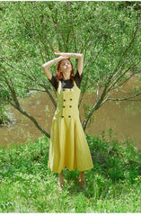 Sleeveless Double-Breasted Linen Dress with Pleated Skirt and Shoulder Straps