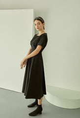 Linen Midi Dress with Square Neckline and Cinched Waist for Classic Feminine Silhouette