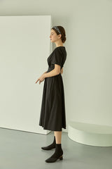 Linen Midi Dress with Square Neckline and Cinched Waist for Classic Feminine Silhouette