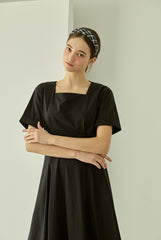 Linen Midi Dress with Square Neckline and Cinched Waist for Classic Feminine Silhouette