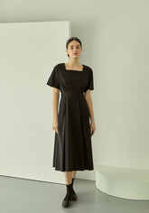 Linen Midi Dress with Square Neckline and Cinched Waist for Classic Feminine Silhouette