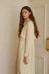 Women's Linen Midi Shirt Dress with Drawstring Waist, Button Front, and Capelet Detail