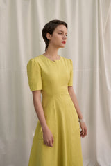 Linen Short Sleeve Midi Dress with Structured Waist and Flared Hem
