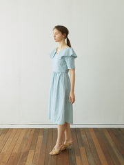 Linen Dress with Sculptural Folded Collar and Fitted Waist for Effortless Romantic Daywear