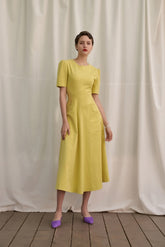 Linen Short Sleeve Midi Dress with Structured Waist and Flared Hem