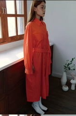 Linen Shirt Midi Dress with Belted Waist and Long Cuffed Sleeves