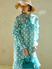 Polka Dot Chiffon Midi Dress with Long Sleeves, Ruffle Trim, and Feminine Bow Tie Neckline