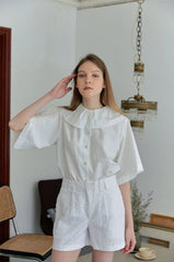 Button-Up Linen Blouse with Oversized Peter Pan Collar – Lightweight Short Sleeve Summer Shirt