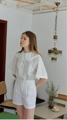 Button-Up Linen Blouse with Oversized Peter Pan Collar – Lightweight Short Sleeve Summer Shirt