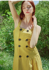 Sleeveless Double-Breasted Linen Dress with Pleated Skirt and Shoulder Straps