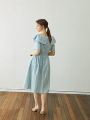 Linen Dress with Sculptural Folded Collar and Fitted Waist for Effortless Romantic Daywear