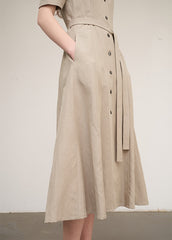 Women's Beige Linen Midi Shirt Dress – Short Sleeve Button Front Dress with Waist Belt
