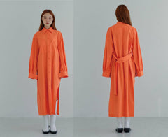 Linen Shirt Midi Dress with Belted Waist and Long Cuffed Sleeves