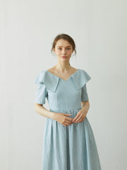 Linen Dress with Sculptural Folded Collar and Fitted Waist for Effortless Romantic Daywear