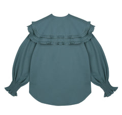 Cotton Poplin Blouse with Ruffled Peter Pan Collar and Smocked Cuffs – Women's Button-Up Shirt