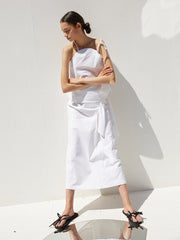 High-Waisted Linen Midi Skirt with Wrap Detail and Back Slit – Lightweight Summer Essential