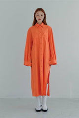 Linen Shirt Midi Dress with Belted Waist and Long Cuffed Sleeves