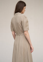 Women's Beige Linen Midi Shirt Dress – Short Sleeve Button Front Dress with Waist Belt