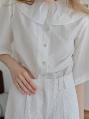 Button-Up Linen Blouse with Oversized Peter Pan Collar – Lightweight Short Sleeve Summer Shirt