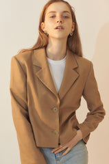 Tailored Linen Blazer with Cropped Fit, Notched Lapel, and Two-Button Front Closure