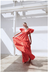 Ruffled Sleeve Linen Maxi Dress with Deep V-Neckline and Tiered Skirt