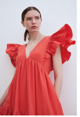 Ruffled Sleeve Linen Maxi Dress with Deep V-Neckline and Tiered Skirt