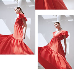 Ruffled Sleeve Linen Maxi Dress with Deep V-Neckline and Tiered Skirt