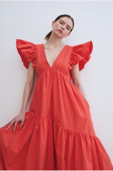 Ruffled Sleeve Linen Maxi Dress with Deep V-Neckline and Tiered Skirt