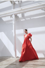 Ruffled Sleeve Linen Maxi Dress with Deep V-Neckline and Tiered Skirt