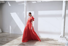 Ruffled Sleeve Linen Maxi Dress with Deep V-Neckline and Tiered Skirt