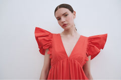 Ruffled Sleeve Linen Maxi Dress with Deep V-Neckline and Tiered Skirt