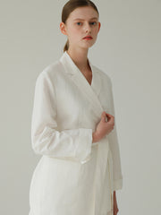 Tailored Linen Blazer For Women - Belted Waist Linen Jacket With Notched Lapel And Patch Pockets