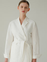 Tailored Linen Blazer For Women - Belted Waist Linen Jacket With Notched Lapel And Patch Pockets