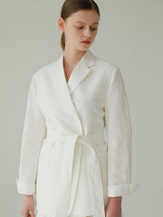 Tailored Linen Blazer For Women - Belted Waist Linen Jacket With Notched Lapel And Patch Pockets