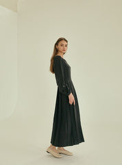 Pleated V-Neck Midi Linen Dress with Long Sleeves and Waist Tie for Timeless Elegance