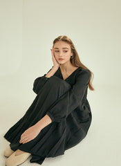 Pleated V-Neck Midi Linen Dress with Long Sleeves and Waist Tie for Timeless Elegance